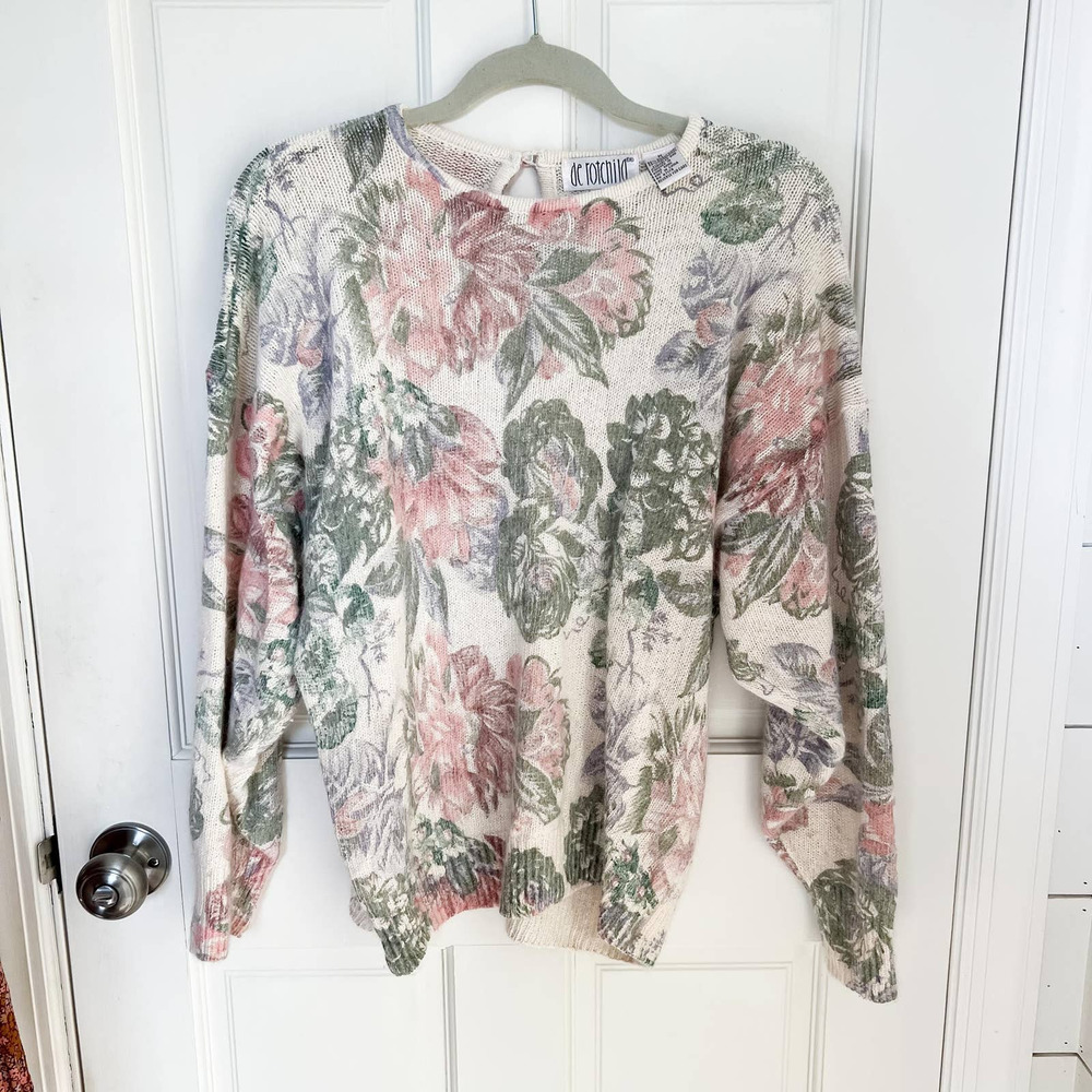 Vintage Floral Crew Neck Long Sleeve Sweater Size Medium